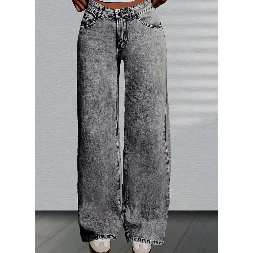 Girls Bow Print Back Zipper Fly Elastic High Waist Denim Pants Wide Leg Jean 13y